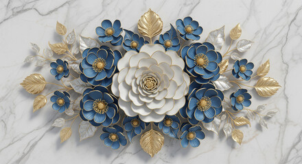 Luxurious Marble Background with 3D Sculpted Flowers, 3D Floral Wallpaper, 3D Wall Mural, 3D Floral Background.