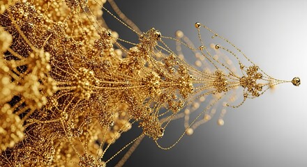 An intricate golden network of interconnected spheres and threads converges to a single point, an abstract representation of data, technology, and complex neural systems