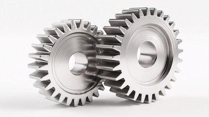 Close-up of Two Interlocking Metal Gears on White Background with Soft Lighting