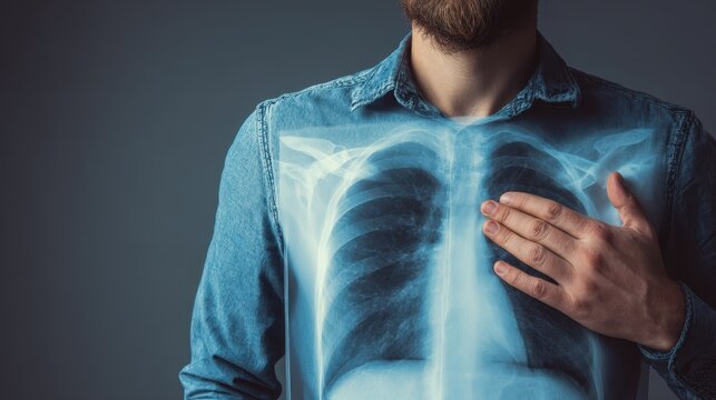 Close up of a young man with a lung x ray on his chest