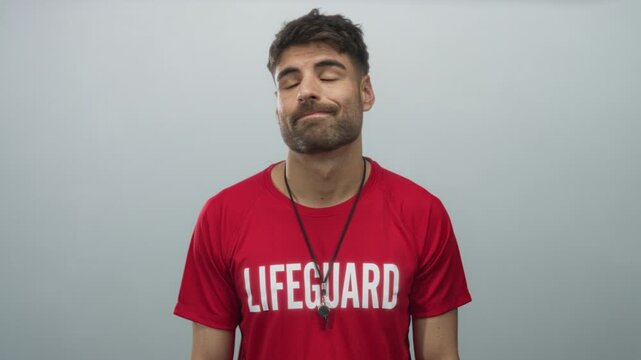 Young man lifeguard wearing a red shirt and whistle necklace looks upward in an indoor grey studio; vigilance.