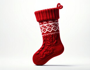 Festive red Christmas stocking on a white background.