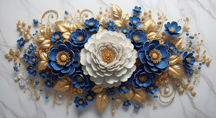 Luxurious Marble Background with 3D Sculpted Flowers, 3D Floral Wallpaper, 3D Wall Mural, 3D Floral Background.