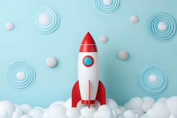 A cartoon vector illustration of a vintage red rocket ship flying with great speed into the blue sky is a perfect icon for space travel technology
