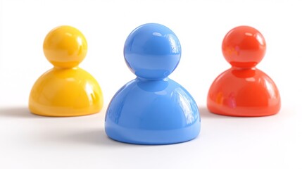 Colorful plastic game pawns in blue yellow and red on white background