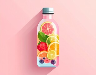 Colorful Fruit Infused Water Bottle Illustration on Pastel Background
