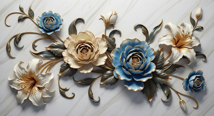 Luxurious Marble Background with 3D Sculpted Flowers, 3D Floral Wallpaper, 3D Wall Mural, 3D Floral Background.