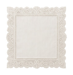 Elegant white linen napkins with detailed lace borders for formal dining occasions.