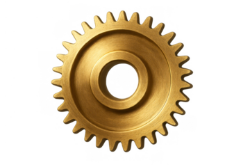 Golden mechanical cogwheel representing connection, engineering, movement, and business processes on transparent background