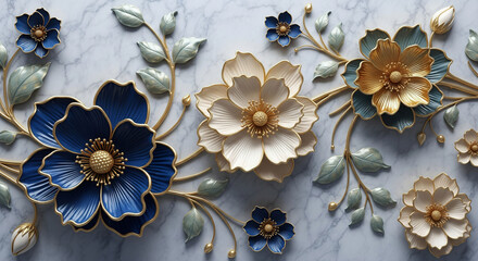 Luxurious Marble Background with 3D Sculpted Flowers, 3D Floral Wallpaper, 3D Wall Mural, 3D Floral Background.