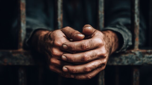 Detail of a man s hands in prison with bars on a dark backdrop