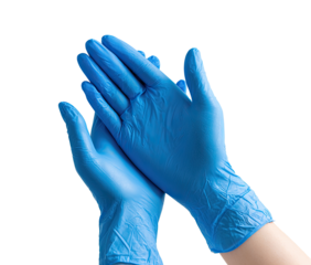 Pair of blue nitrile gloves, hands clasped