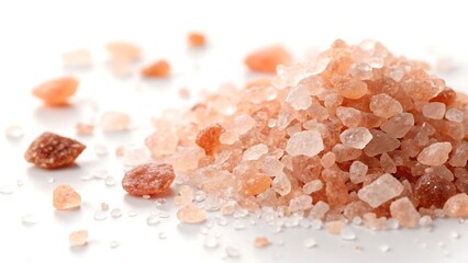 Pile of pink himalayan salt crystals on white background