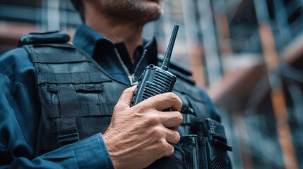Detailed image of a security guard with a walkie talkie