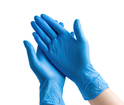 Pair of blue nitrile gloves, hands clasped