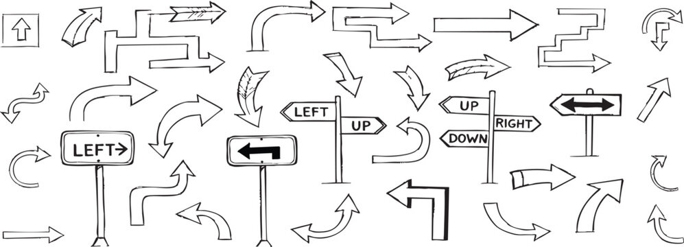 Hand drawn set of many diverse black doodle arrows and navigation direction signs outline sketch.
