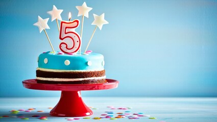 Delicious Chocolate Layer Cake with Number 5 Candles on Red Cake Stand