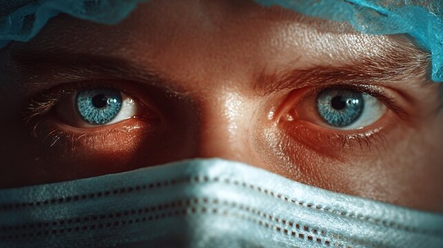 Close-up of a healthcare worker's intense eyes with surgical mask and cap