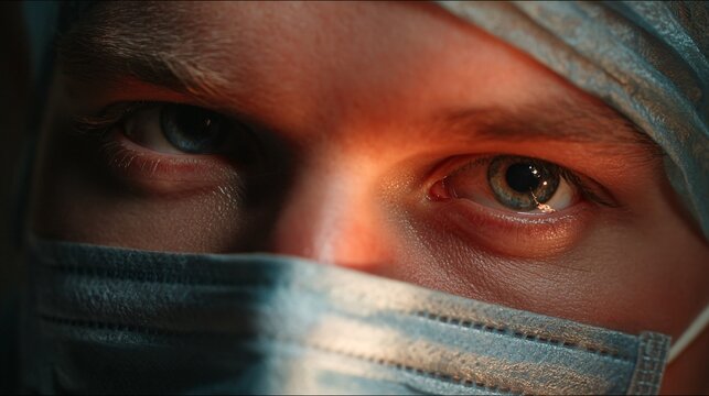 Close-up portrait of surgeon’s intense eyes with surgical mask in operating room