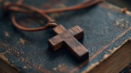 Detailed view of a wooden cross pendant beside a Bible