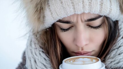 A woman enjoys a warm cup of coffee outside in a snowy setting