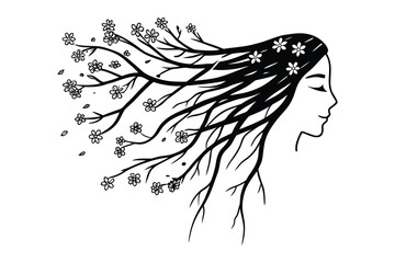 Glamour model drawing of a long black hairstyle silhouette vector illustration featuring a beautiful girl's face and lips