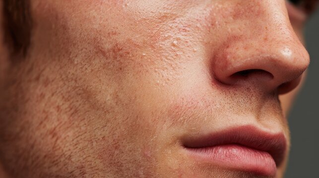 Detailed view of a young man s cheek showing severe acne scars