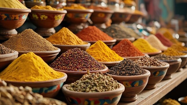 Vibrant display of various spices in colorful bowls at a bustling market in the afternoon