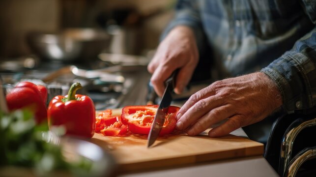 Disabled man preparing red pepper in kitchen post accident - Powered by Adobe