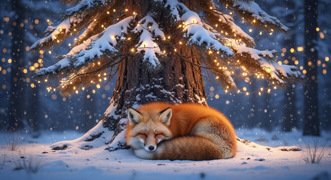 A Magical Winter Forest Fox Curled Up Under a Twinkling Snow-Covered Pine Tree