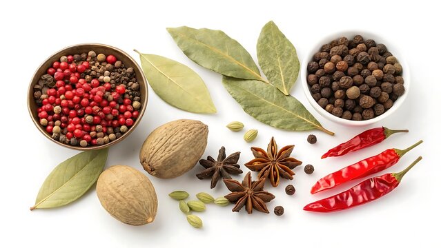 Assorted spices and herbs on white surface - top view.