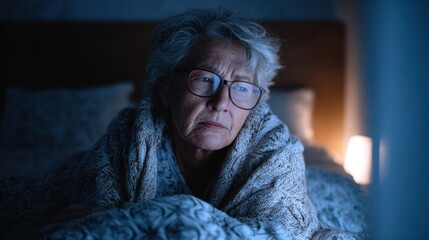 Elderly woman with depression in bed struggles with insomnia