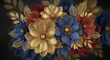 3D Floral Art with colorful flowers leaves, modern mural wall art illustration