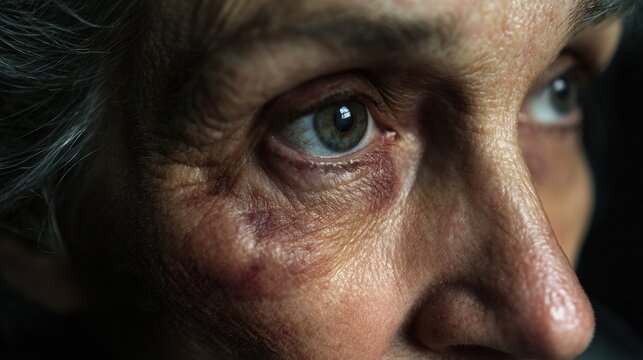 Elderly woman with a scar on her bruised face gazing at the camera