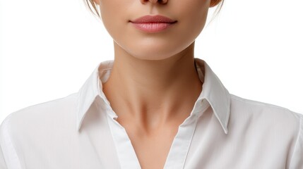 Enlarged thyroid in a woman against a white backdrop
