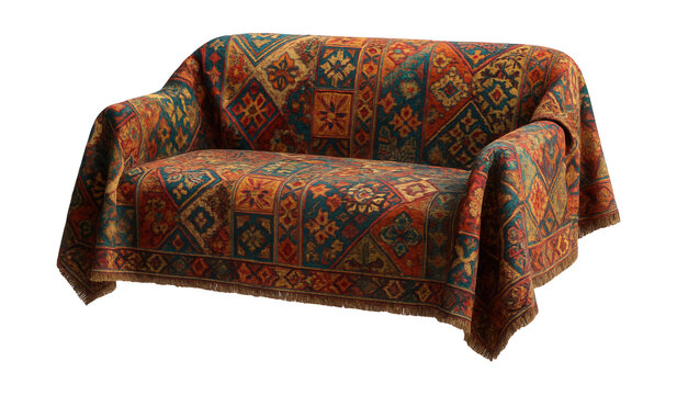 Eclectic tapestry sofa cover adds artistic flair to a creative studio apartment.