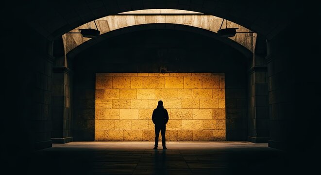 Mysterious silhouette of a solitary figure standing in the center of a dark architectural underpass, dramatically illuminated by a warm light on the textured stone wall - Powered by Adobe