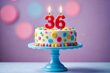 Colorful Birthday Cake with Number 36 Candles on Blue Stand