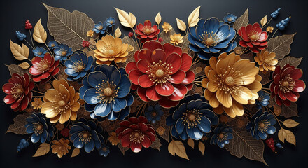 3D Floral Art with colorful flowers leaves, modern mural wall art illustration