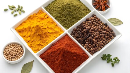Spice assortment in white square bowl on white background.