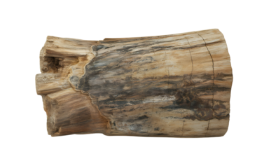 Fossilized wood specimen on black background displays ancient tree texture