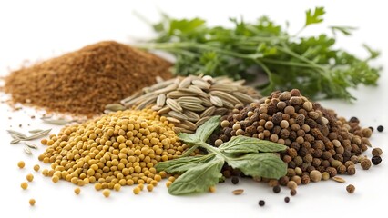 Variety of aromatic spices and herbs on white. 