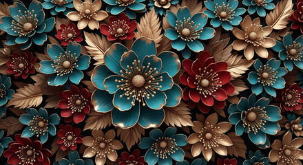 3D Floral Art with colorful flowers leaves, modern mural wall art illustration