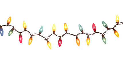 Festive string of colorful Christmas lights glowing softly isolated on white background