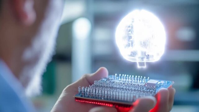 Innovate Mind: A focused individual intently examines a circuit board, as a digital holographic brain hovers above, capturing the fusion of intellect and technology. 