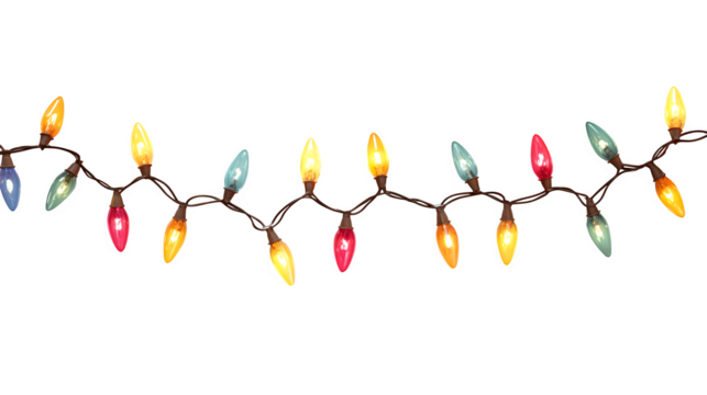 Festive string of colorful Christmas lights glowing softly isolated on white background