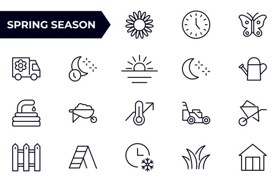 Spring season Equipment Icon set. Thin line icons set. Flatiron collection set. Outline planting flowers and seeds, watering can and fertilizers. Spring, agriculture and gardening concept.