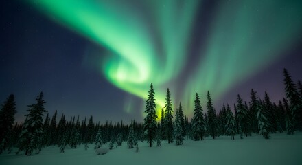 Spectacular northern lights displayed over snowy evergreen forest at night