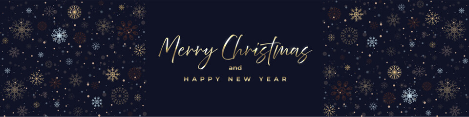 Luxury Christmas banner with sparkling bokeh, delicate snowflakes, and stylish gold text. Premium winter composition for holiday announcements, advertisements, and greeting