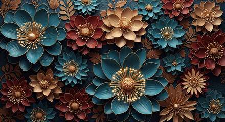 3D Floral Art with colorful flowers leaves, modern mural wall art illustration